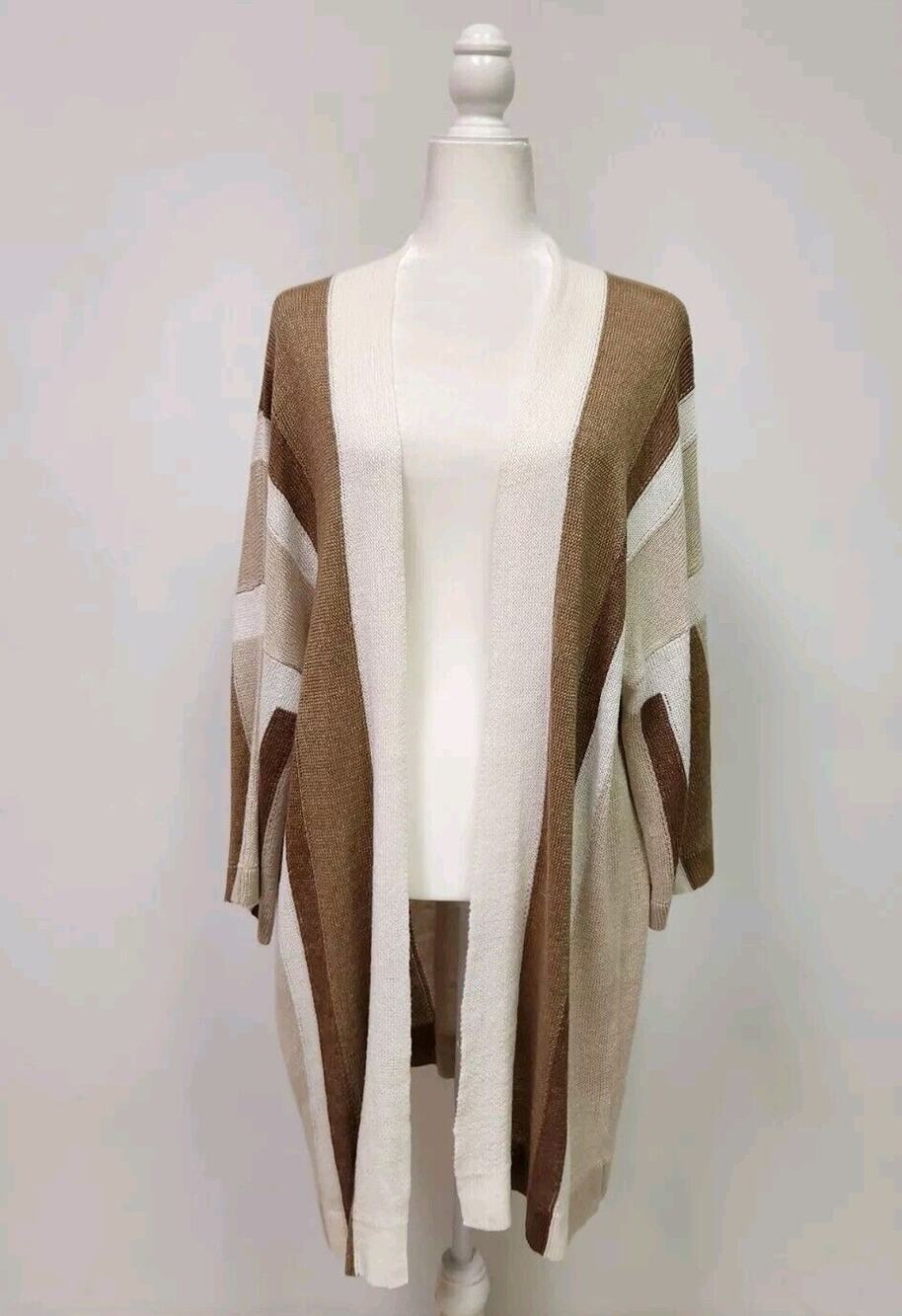 Per Se by Carlisle Open Duster Cardigan Linen LX Brown Color-Block Striped